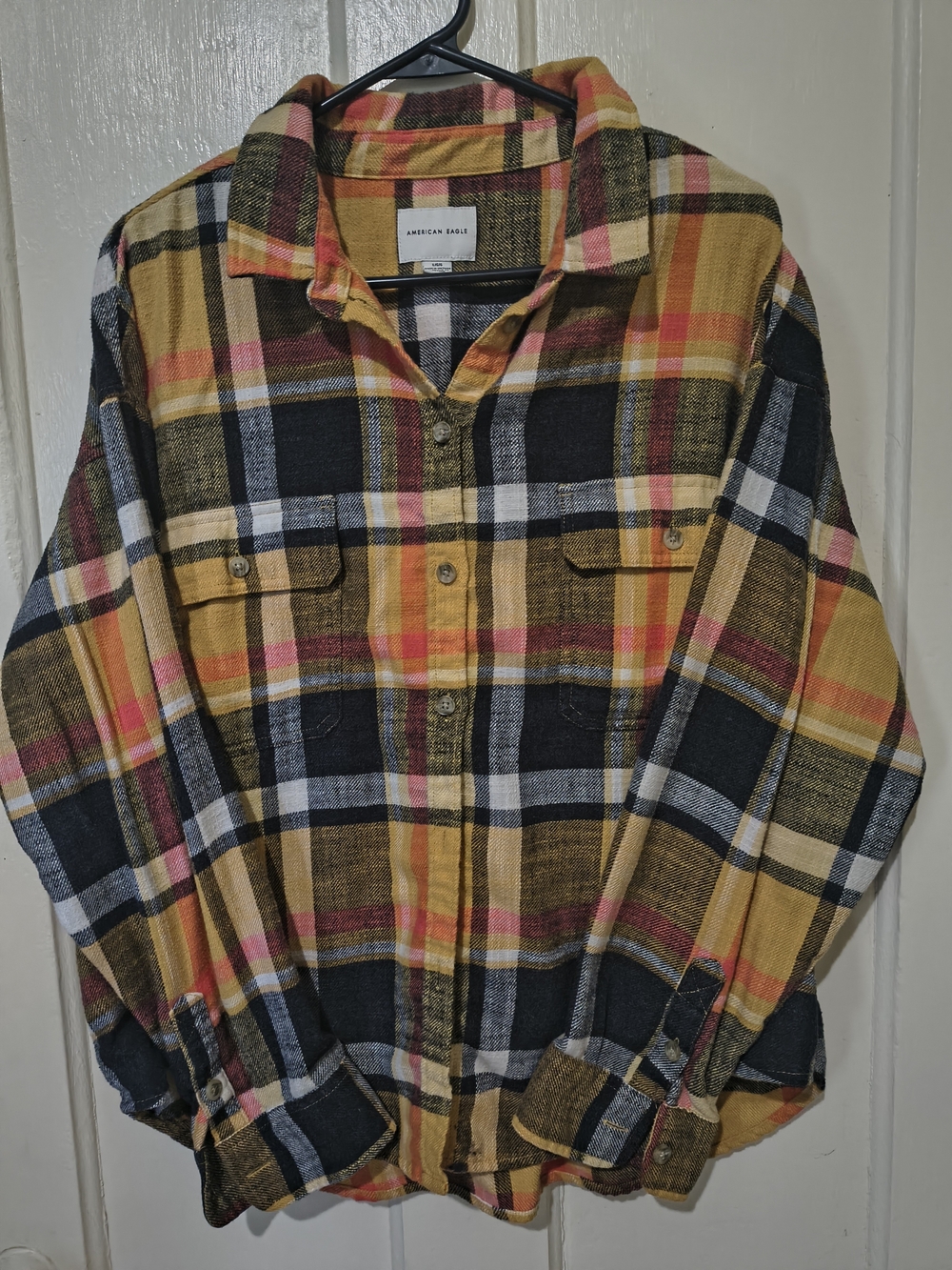 Women's American Eagle Outfitters Yellow and Black Plaid Button-Down Flannel